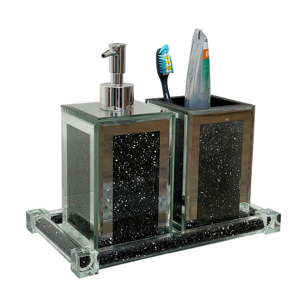 Square Soap Dispenser and Toothbrush Holder with Tray, Black Crushed